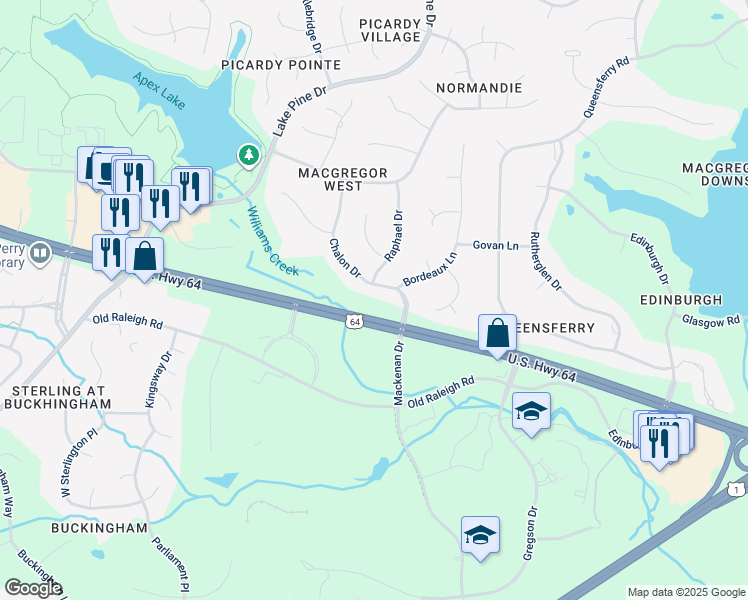 map of restaurants, bars, coffee shops, grocery stores, and more near 105 Chalon Drive in Cary