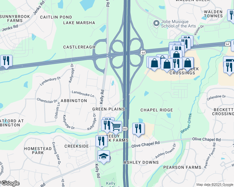 map of restaurants, bars, coffee shops, grocery stores, and more near 2267 Chattering Lory Lane in Apex