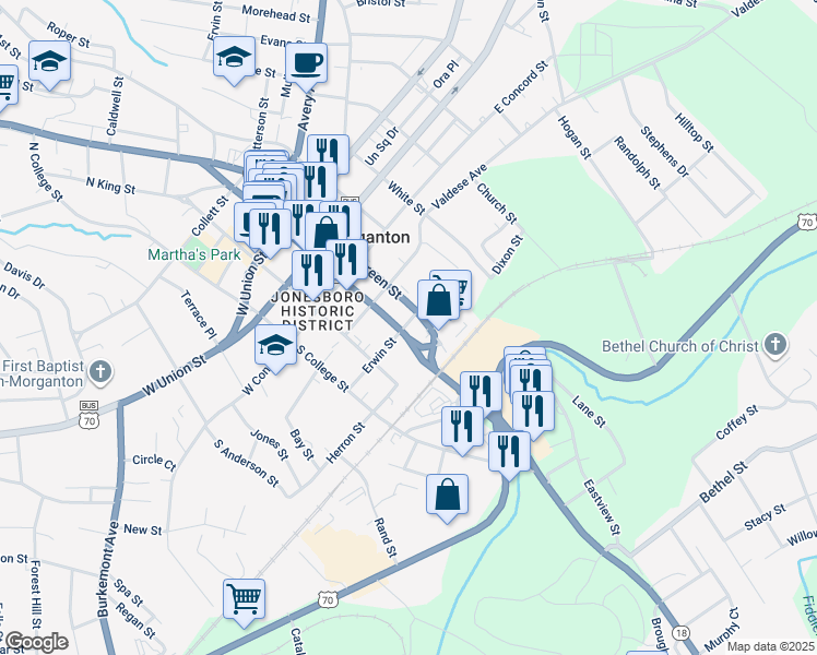 map of restaurants, bars, coffee shops, grocery stores, and more near 544-624 South Green Street in Morganton