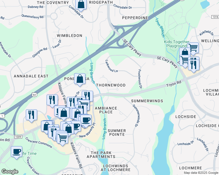map of restaurants, bars, coffee shops, grocery stores, and more near 101 Waxwood Lane in Cary