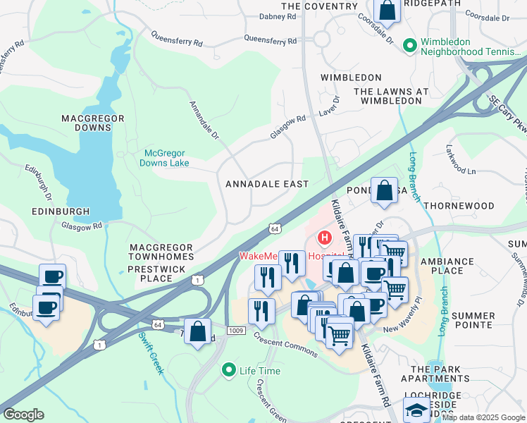 map of restaurants, bars, coffee shops, grocery stores, and more near 221 Ronaldsby Drive in Cary