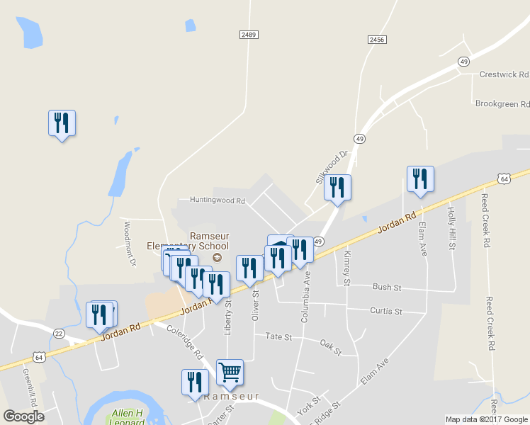 map of restaurants, bars, coffee shops, grocery stores, and more near 4741 Huntingwood Road in Ramseur