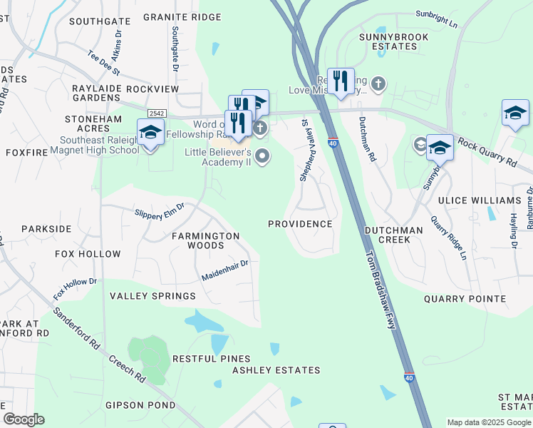 map of restaurants, bars, coffee shops, grocery stores, and more near 3010 Rock Quarry Road in Raleigh