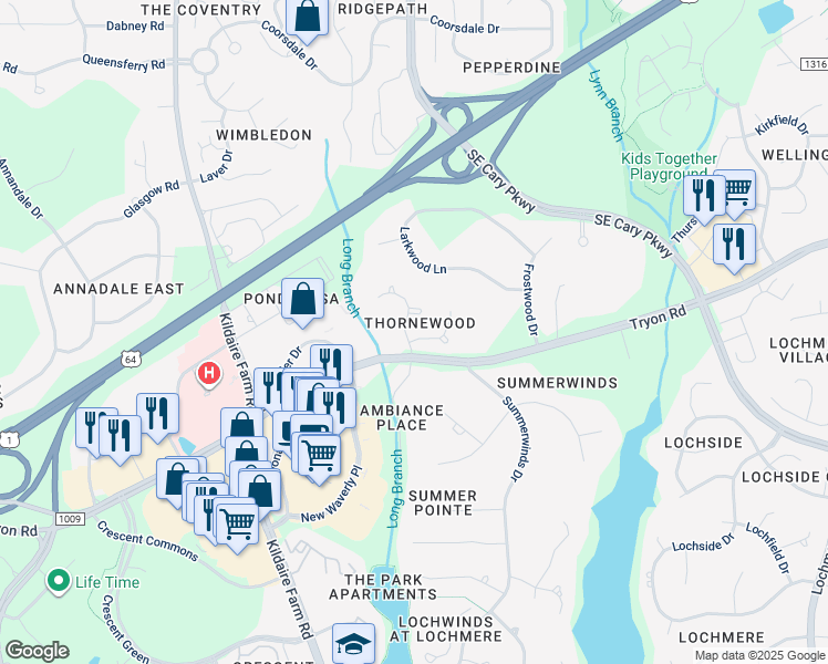 map of restaurants, bars, coffee shops, grocery stores, and more near 101 Waxwood Lane in Cary