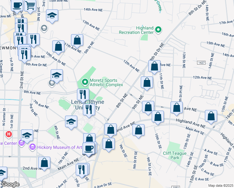 map of restaurants, bars, coffee shops, grocery stores, and more near 908 7th Street Northeast in Hickory