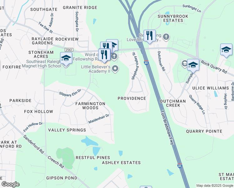 map of restaurants, bars, coffee shops, grocery stores, and more near 3010 Rock Quarry Road in Raleigh