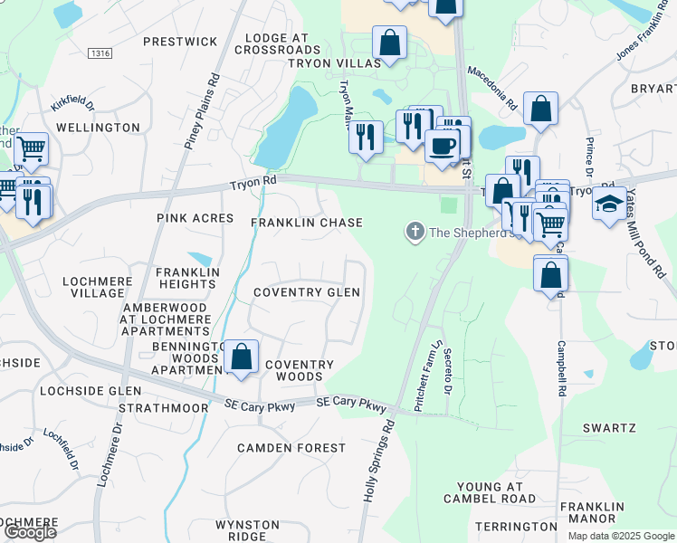 map of restaurants, bars, coffee shops, grocery stores, and more near 403 Ravenstone Drive in Cary