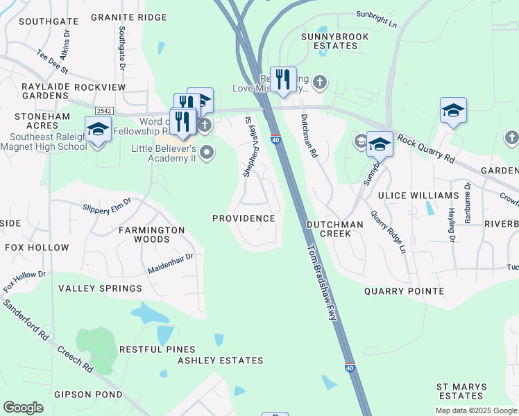map of restaurants, bars, coffee shops, grocery stores, and more near 3226 Dove Tree Lane in Raleigh