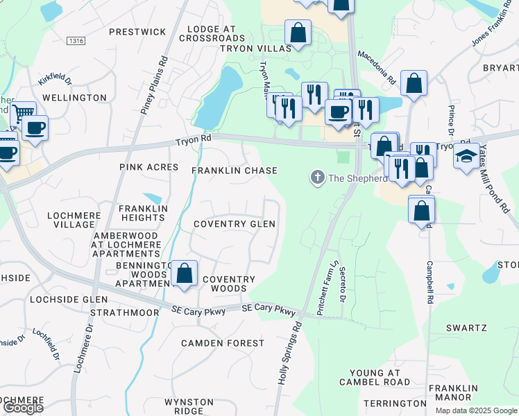 map of restaurants, bars, coffee shops, grocery stores, and more near 403 Ravenstone Drive in Cary