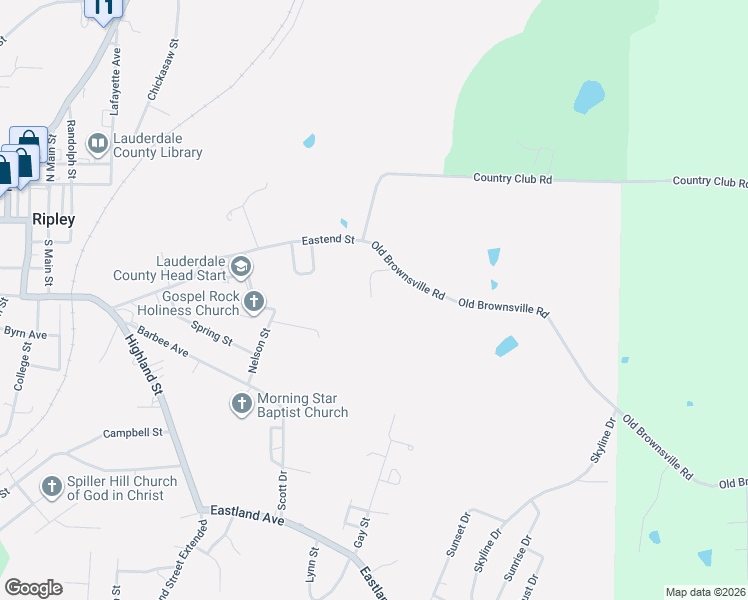 map of restaurants, bars, coffee shops, grocery stores, and more near 725 Old Brownsville Road in Ripley