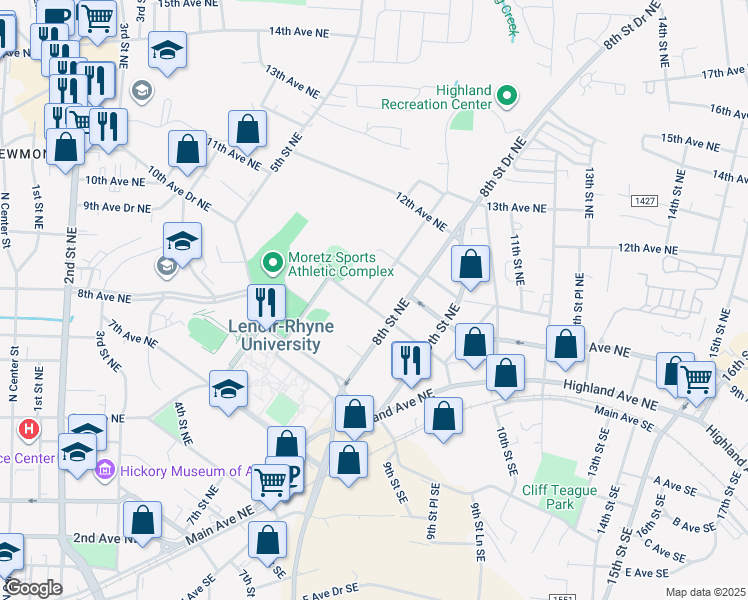 map of restaurants, bars, coffee shops, grocery stores, and more near 908 7th Street Northeast in Hickory