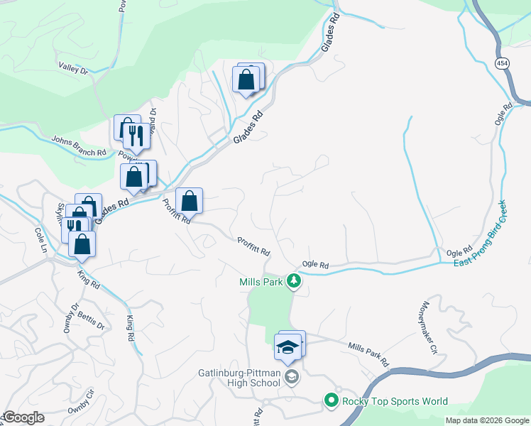 map of restaurants, bars, coffee shops, grocery stores, and more near 357 PA Proffitt Road in Gatlinburg