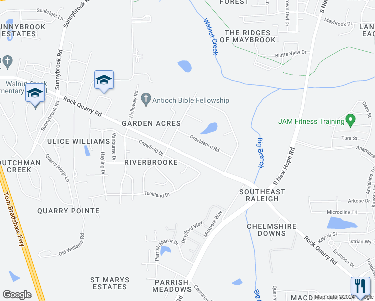 map of restaurants, bars, coffee shops, grocery stores, and more near 4317 Rock Quarry Road in Raleigh