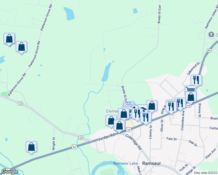 map of restaurants, bars, coffee shops, grocery stores, and more near 289 Woodmont Drive in Ramseur