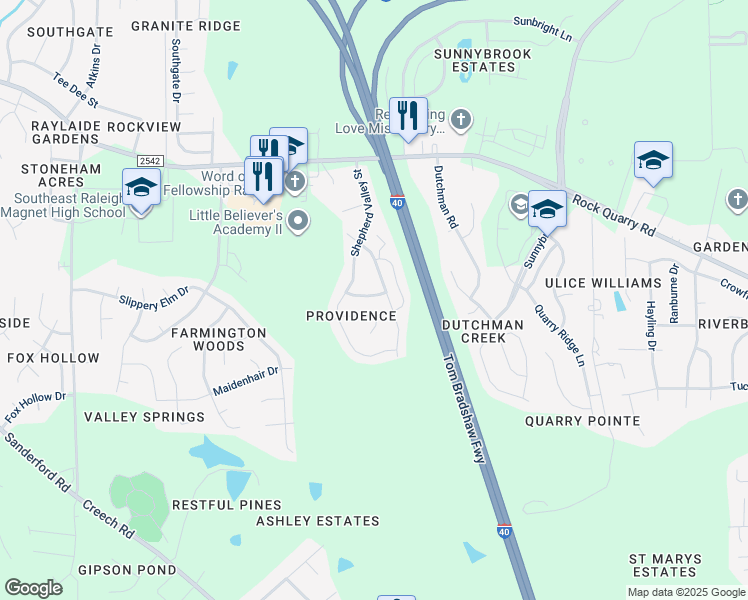 map of restaurants, bars, coffee shops, grocery stores, and more near 3226 Dove Tree Lane in Raleigh