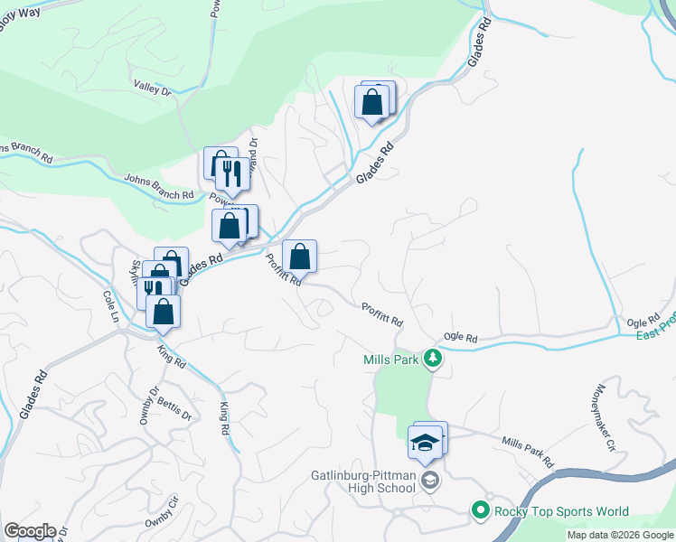 map of restaurants, bars, coffee shops, grocery stores, and more near 541 Johnson Lane in Gatlinburg