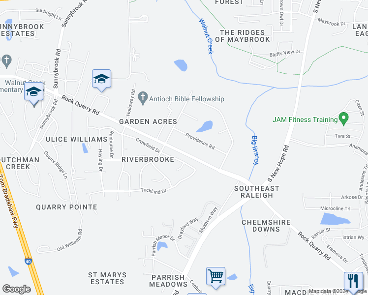 map of restaurants, bars, coffee shops, grocery stores, and more near 4317 Rock Quarry Road in Raleigh