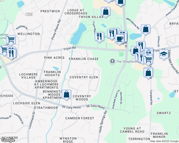 map of restaurants, bars, coffee shops, grocery stores, and more near 102 Grey Gate Place in Cary