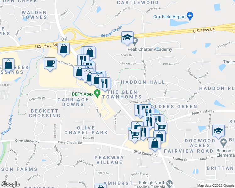 map of restaurants, bars, coffee shops, grocery stores, and more near 140 Brittingham Loop in Apex