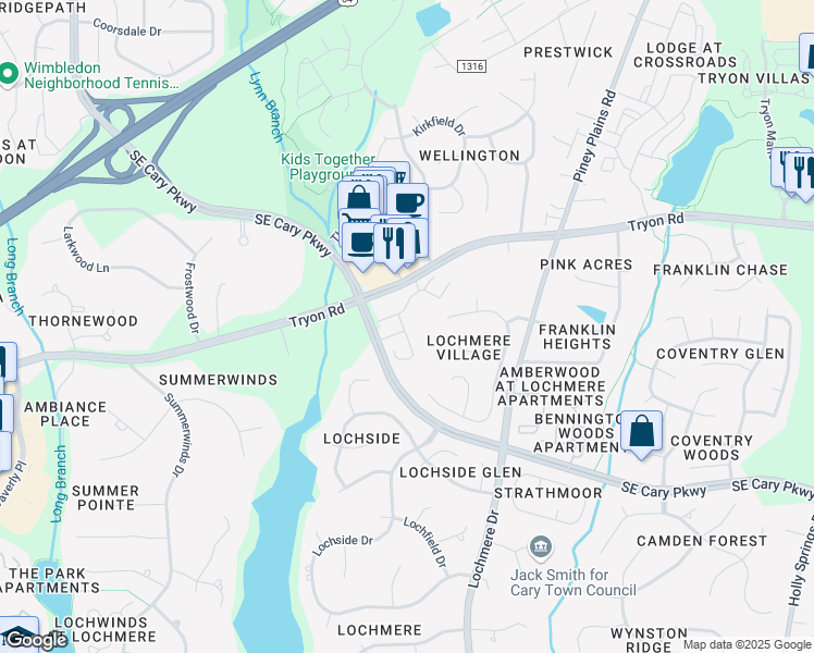 map of restaurants, bars, coffee shops, grocery stores, and more near 2000 Skye Lane in Cary