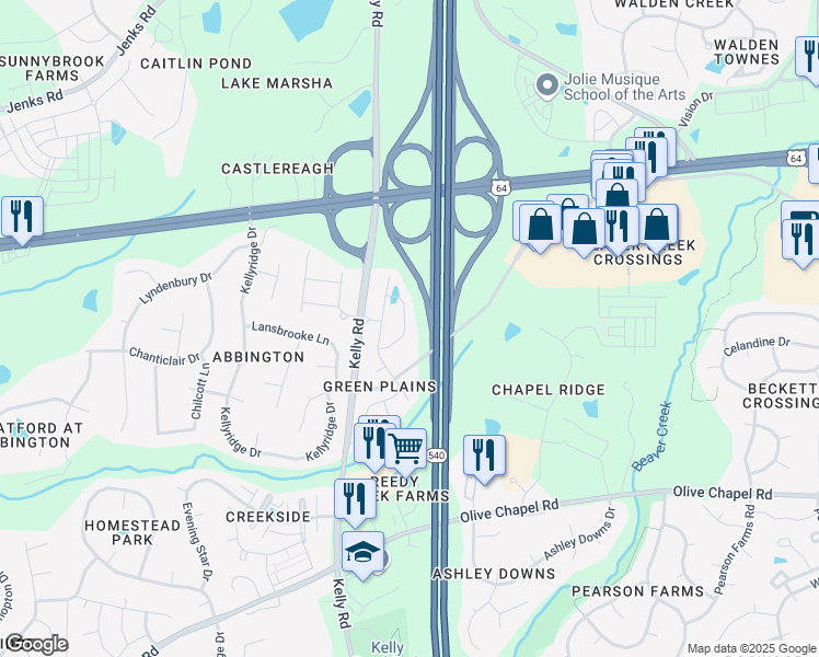 map of restaurants, bars, coffee shops, grocery stores, and more near 2267 Chattering Lory Lane in Apex
