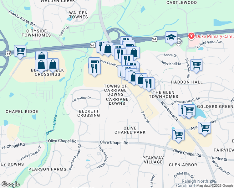 map of restaurants, bars, coffee shops, grocery stores, and more near 209 Rapp Lane in Apex
