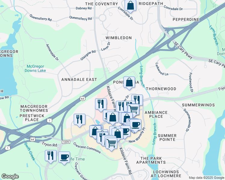 map of restaurants, bars, coffee shops, grocery stores, and more near 115 Kildaire Park Drive in Cary