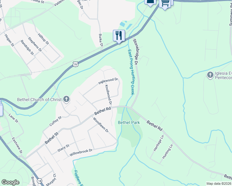 map of restaurants, bars, coffee shops, grocery stores, and more near 204 Inglewood Drive in Morganton