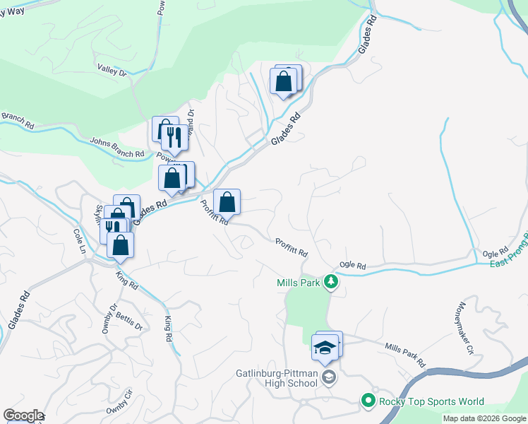 map of restaurants, bars, coffee shops, grocery stores, and more near 537 Johnson Lane in Gatlinburg