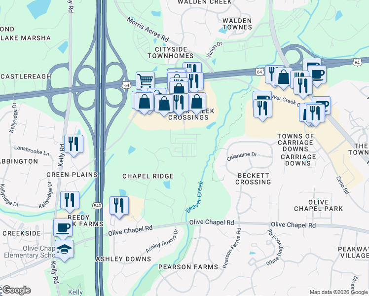 map of restaurants, bars, coffee shops, grocery stores, and more near 2046 Ackerman Hill Drive in Apex