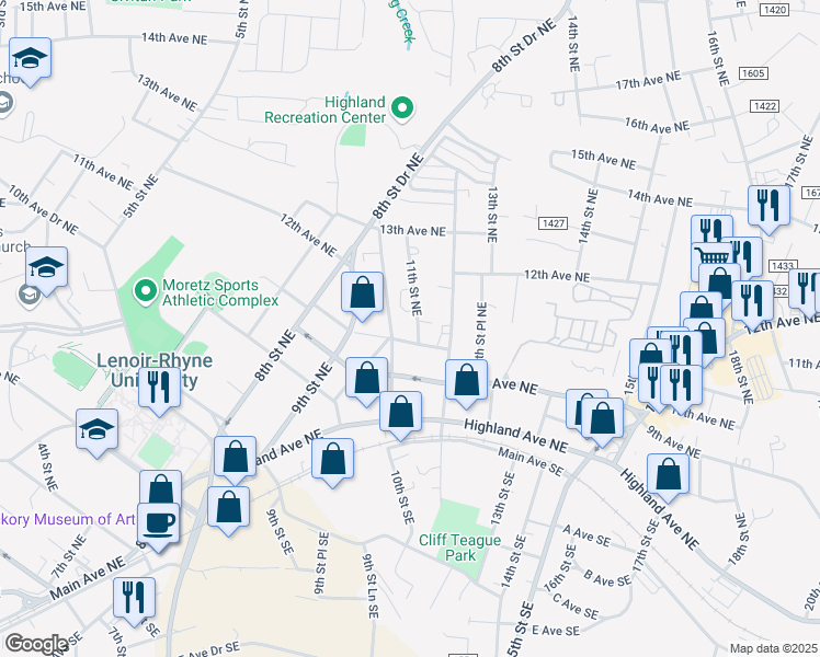 map of restaurants, bars, coffee shops, grocery stores, and more near 1017 10th Avenue Northeast in Hickory