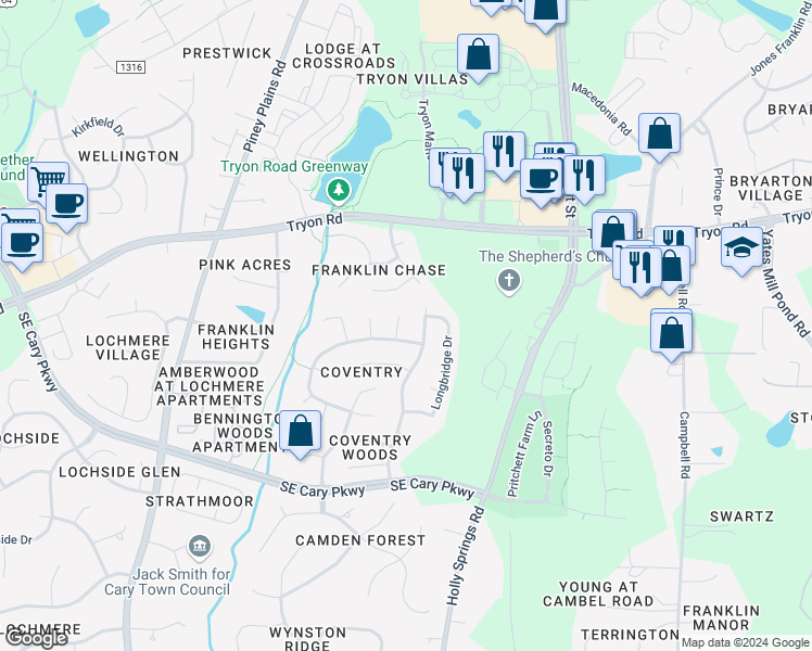 map of restaurants, bars, coffee shops, grocery stores, and more near 102 Grey Gate Place in Cary