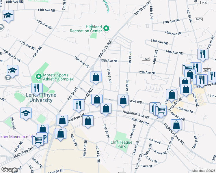 map of restaurants, bars, coffee shops, grocery stores, and more near 1017 10th Avenue Northeast in Hickory