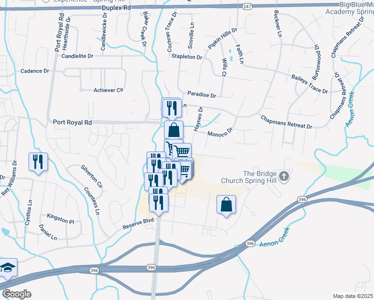 map of restaurants, bars, coffee shops, grocery stores, and more near 3319 Haynes Drive in Spring Hill