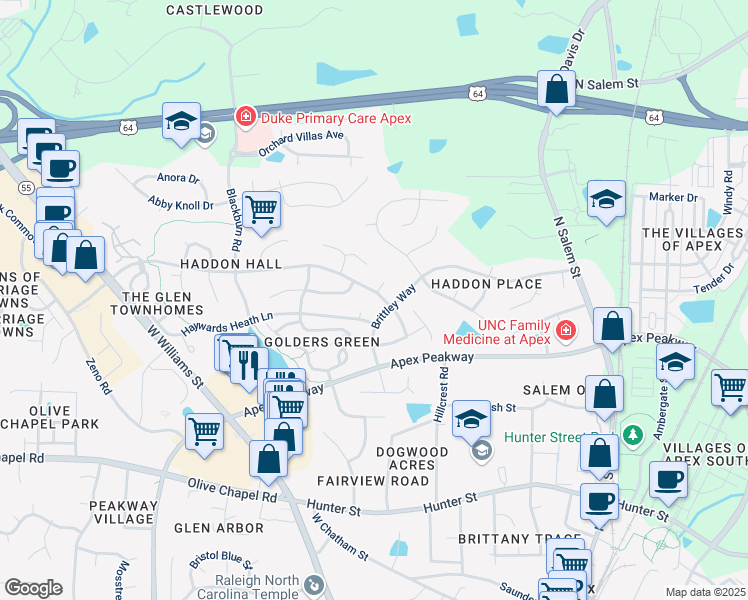 map of restaurants, bars, coffee shops, grocery stores, and more near 803 Haddon Hall Drive in Apex