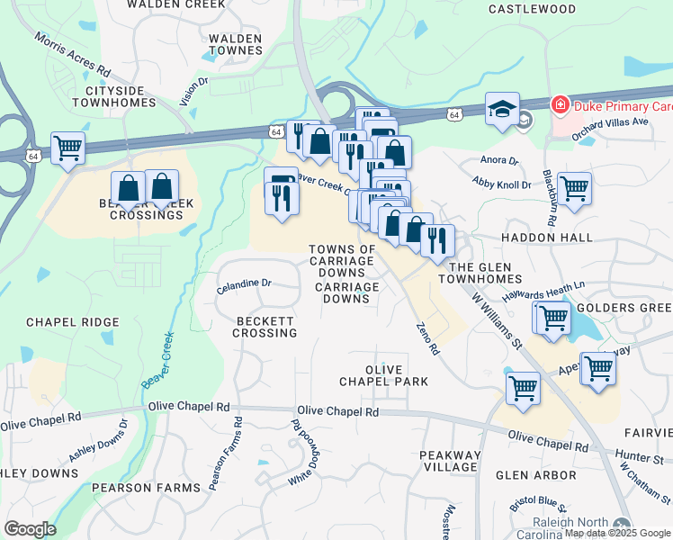 map of restaurants, bars, coffee shops, grocery stores, and more near 104 Graystar Road in Apex