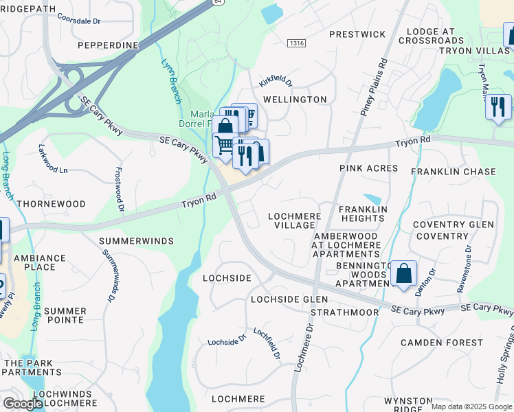 map of restaurants, bars, coffee shops, grocery stores, and more near 4000 Skye Lane in Cary