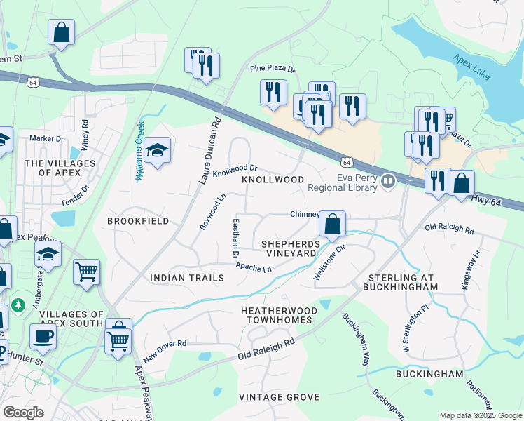 map of restaurants, bars, coffee shops, grocery stores, and more near 1219 Chimney Hill Drive in Apex
