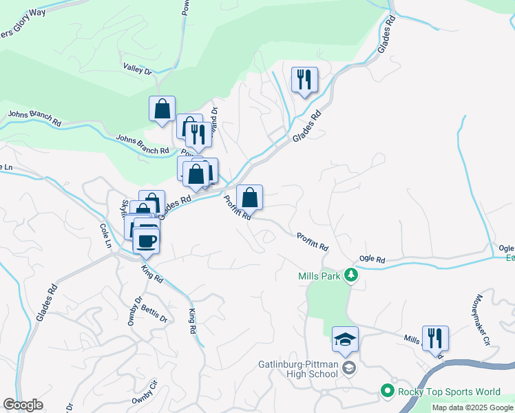 map of restaurants, bars, coffee shops, grocery stores, and more near 105 Proffitt Road in Gatlinburg