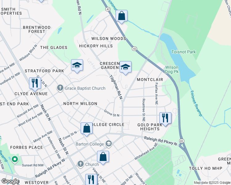 map of restaurants, bars, coffee shops, grocery stores, and more near 1117 Tilghman Road North in Wilson