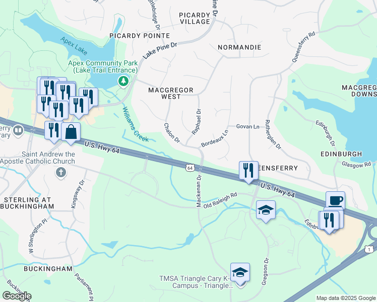 map of restaurants, bars, coffee shops, grocery stores, and more near 105 Chalon Drive in Cary
