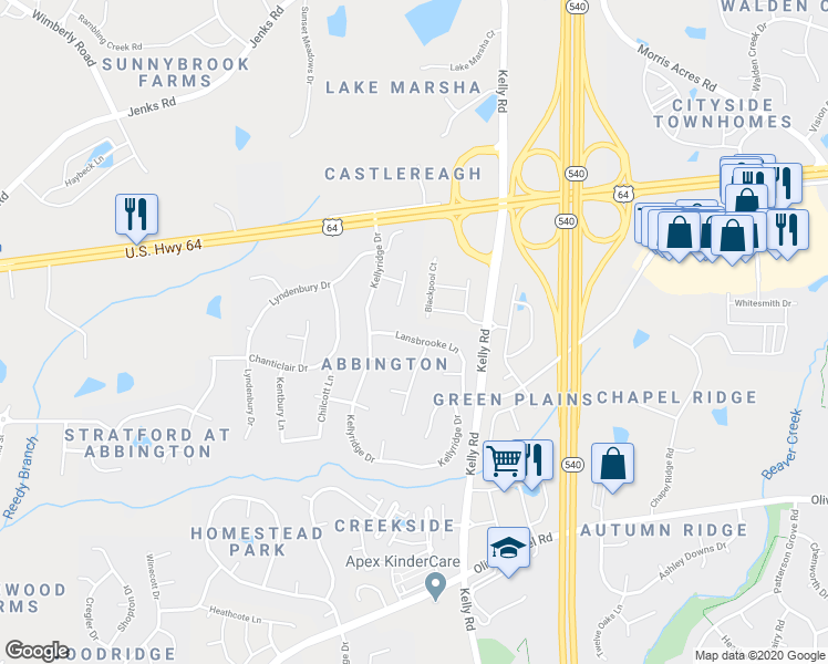 map of restaurants, bars, coffee shops, grocery stores, and more near 111 Lansbrooke Lane in Apex