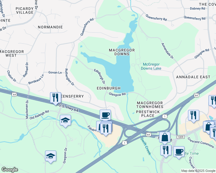 map of restaurants, bars, coffee shops, grocery stores, and more near 200 Edinburgh Drive in Cary