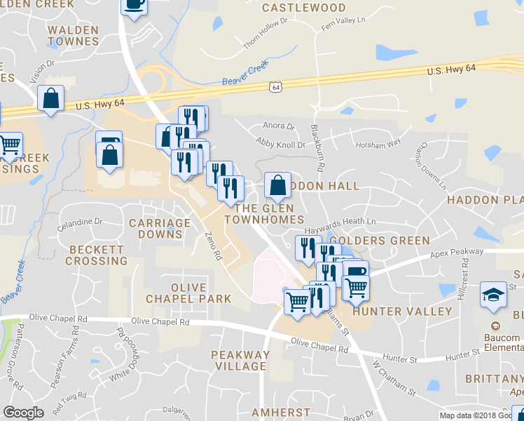 map of restaurants, bars, coffee shops, grocery stores, and more near 134 Brittingham Loop in Apex
