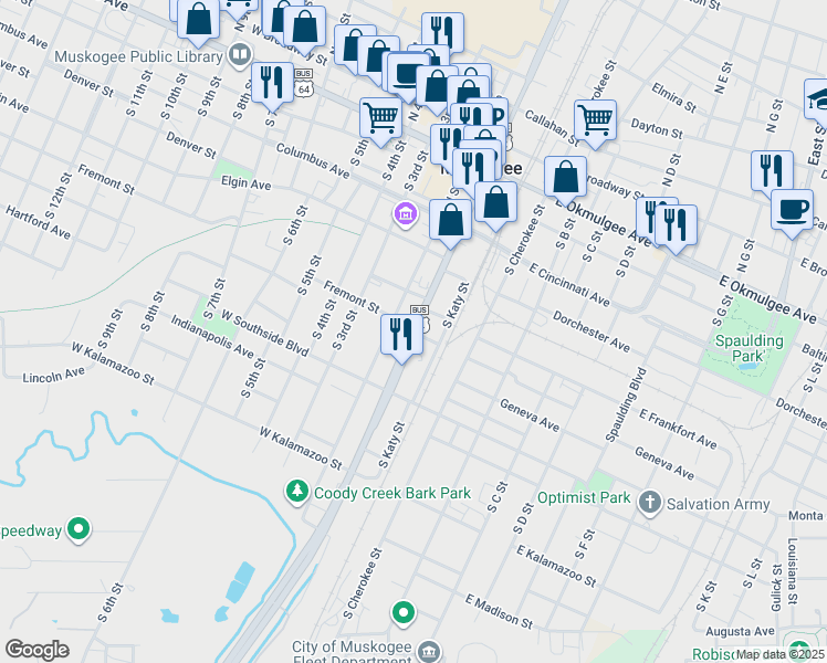 map of restaurants, bars, coffee shops, grocery stores, and more near 599 South Main Street in Muskogee
