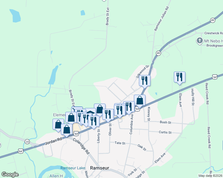 map of restaurants, bars, coffee shops, grocery stores, and more near 4724 Huntingwood Road in Ramseur