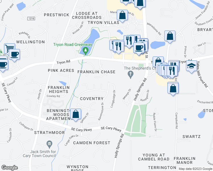map of restaurants, bars, coffee shops, grocery stores, and more near 405 Ravenstone Drive in Cary
