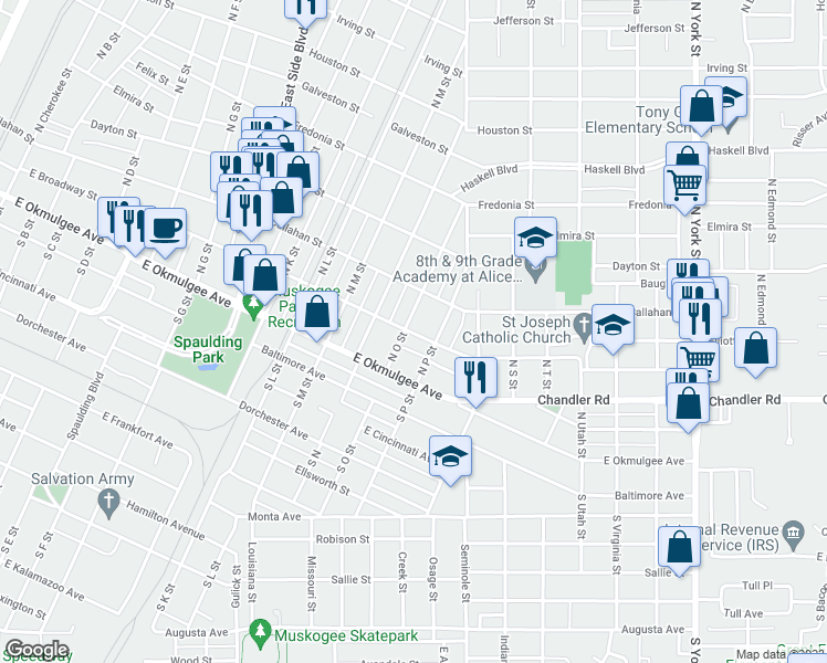 map of restaurants, bars, coffee shops, grocery stores, and more near 1504 East Broadway Avenue in Muskogee