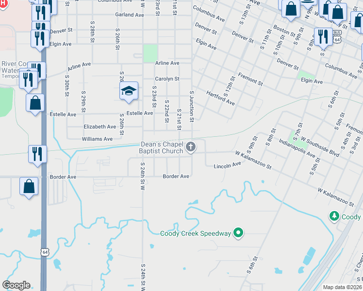 map of restaurants, bars, coffee shops, grocery stores, and more near 1113 South 21st Street in Muskogee