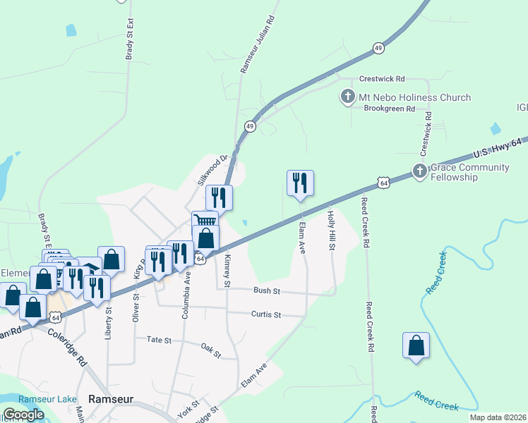map of restaurants, bars, coffee shops, grocery stores, and more near 114 Jordan Road in Ramseur